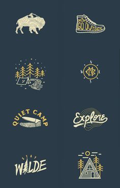 the logos for wild camping are shown in different colors and sizes, including yellow, blue,