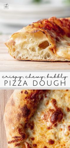 two different types of pizza sitting on top of a wooden table