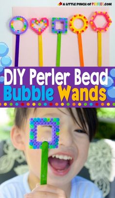 a young boy holding up a plastic bead letter t with the words diy perler bead bubble wands