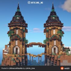 two tall buildings made out of wood and stone with plants growing on the roof tops