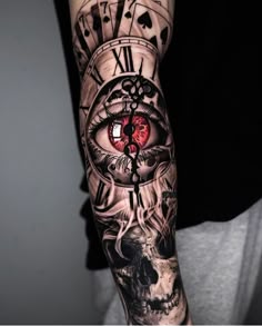a man's arm with a clock, skull and eye tattoo design on it