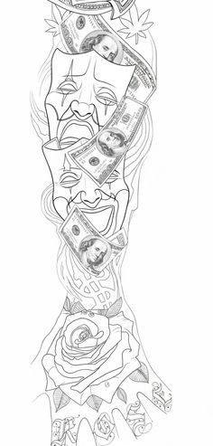 a drawing of money falling down from the top of a stack of stacks of bills