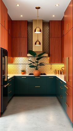 a kitchen with wooden cabinets and green counter tops, gold trimming on the doors