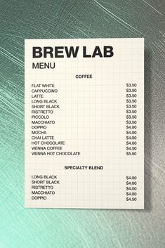 the menu for brew lab is displayed on a green and white background with black lettering
