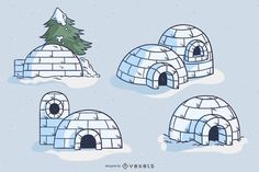 four iglooses with trees and snow on them