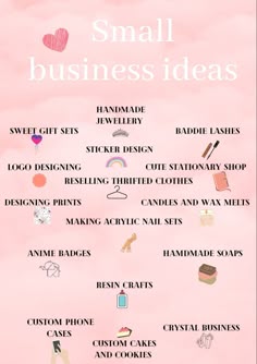 the small business ideas list is displayed on a pink background with white lettering and icons