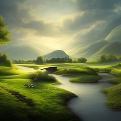 a painting of a river running through a lush green field
