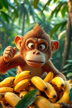 a monkey standing in the middle of a pile of bananas with his eyes wide open