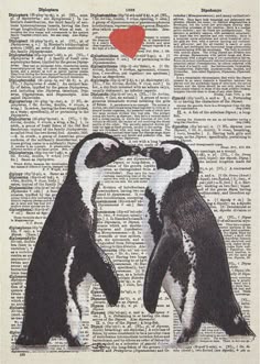 two penguins kissing each other on an old book page with a red heart above them
