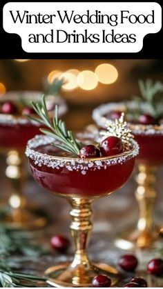 Elegant winter wedding food and drink table with appetizers, signature cocktails, and mocktails garnished with rosemary and sugared cranberries.