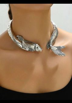 Silver fish choker necklace Unique Fish Design Accessory, Silver Fish Accessory, Fish Design Fashion Accessory, Silver Fish Jewelry, Fish Accessories Jewelry, Elegant Fish-shaped Formal Jewelry, Unique Fish Jewelry Design, Silver Fish Jaw Necklace, Metallic Fish Jewelry