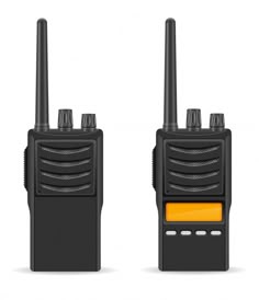two walkie talkies are sitting side by side on a white background, one is black and the other is orange