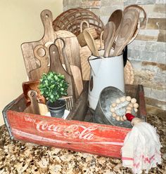 Antique Farmhouse Wooden Kitchen Tools and Decorative Crate