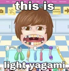 a kid with toothbrushes in his mouth and the caption says, this is light yagami