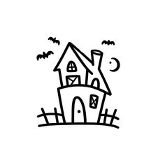 a black and white drawing of a house with bats flying around the top of it