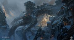 an image of a fantasy city in the middle of winter with lots of snow on it