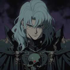 an anime character with long white hair wearing armor and holding a skull in his hand