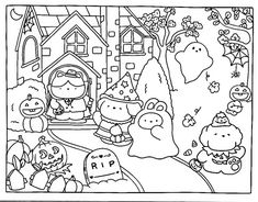 a black and white coloring book page with cartoon characters in halloween costumes on the street