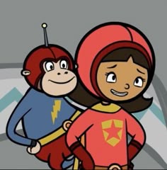 two cartoon characters are standing next to each other