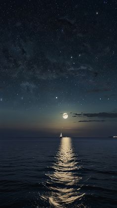 the moon is shining brightly over the water and stars are in the sky above it