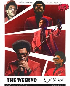 an advertisement for the weeknd featuring two men in red suits and one wearing sunglasses