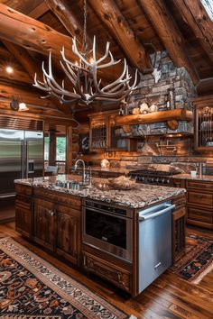 a large kitchen with an island in the middle and lots of wood on the walls