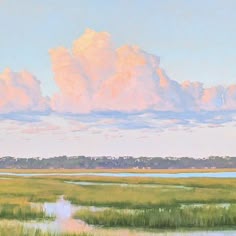 an oil painting of clouds over the marsh