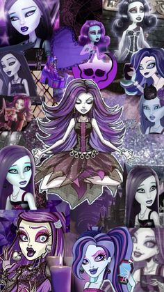 an image of some cartoon characters with purple hair and makeup, all dressed up in different outfits