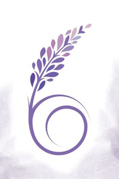a purple and white logo with leaves on the bottom, in front of a light gray background