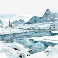 a painting of snow covered mountains and water