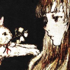 a drawing of a woman holding a white cat and flowers in her right hand while looking at the camera