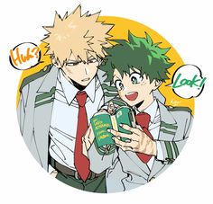 two anime characters one holding a book and the other looking at it