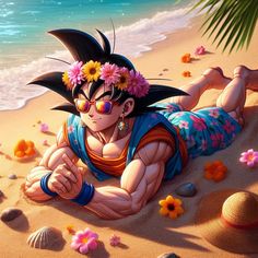 a man laying on top of a sandy beach next to the ocean with flowers in his hair