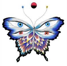 a colorful butterfly with blue wings and multicolored eyes is flying in the air