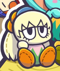 an animal character sitting on top of a bed