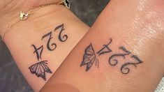 two tattoos on their arms with numbers and butterflies