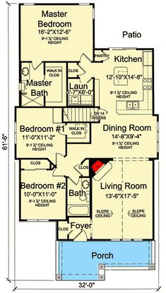 the first floor plan for a house with two master suites and an attached garage area