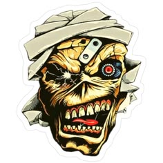 a sticker with an image of a skull wearing a hat and eye patch on it