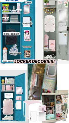 an open locker with various items in it and the words locker decor above it