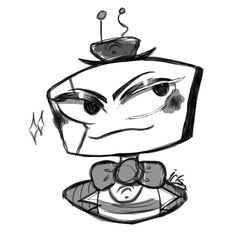 a black and white drawing of a cartoon character with an angry look on his face