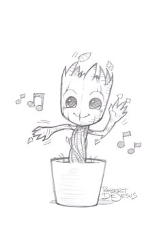baby groote in a pot with music notes coming out of its ears and hands