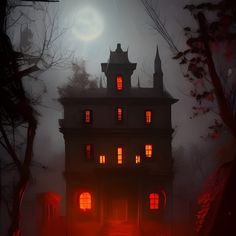 a creepy house with red lights in the windows