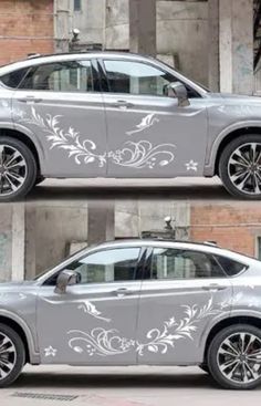 the side and back view of a silver car with white flowers painted on it's side