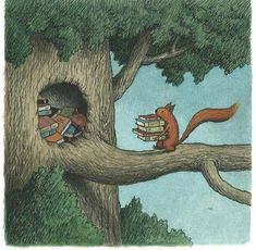 an illustration of a squirrel reading a book in a tree with books on its back