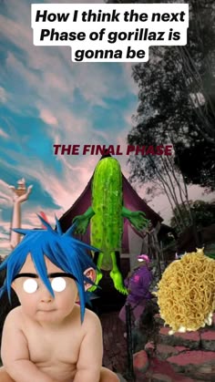 a cartoon character sitting on top of a pile of hay next to a green creature