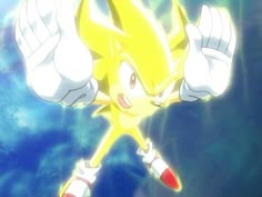 sonic the hedgehog is waving his arms in front of some blue sky and clouds