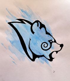 a drawing of a bear's head in blue and black ink