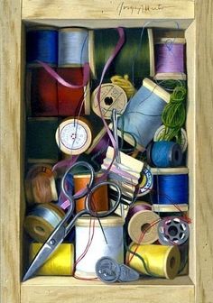 a painting of spools of thread and scissors