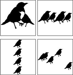 four birds sitting on top of each other in black and white, with the silhouettes of them