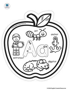 an apple coloring page with the letter a in it's center and some animals inside